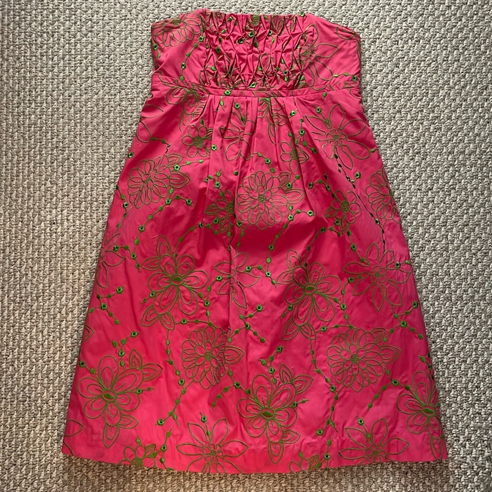 Lilly Pulitzer, strapless, pink and green cotton sundress